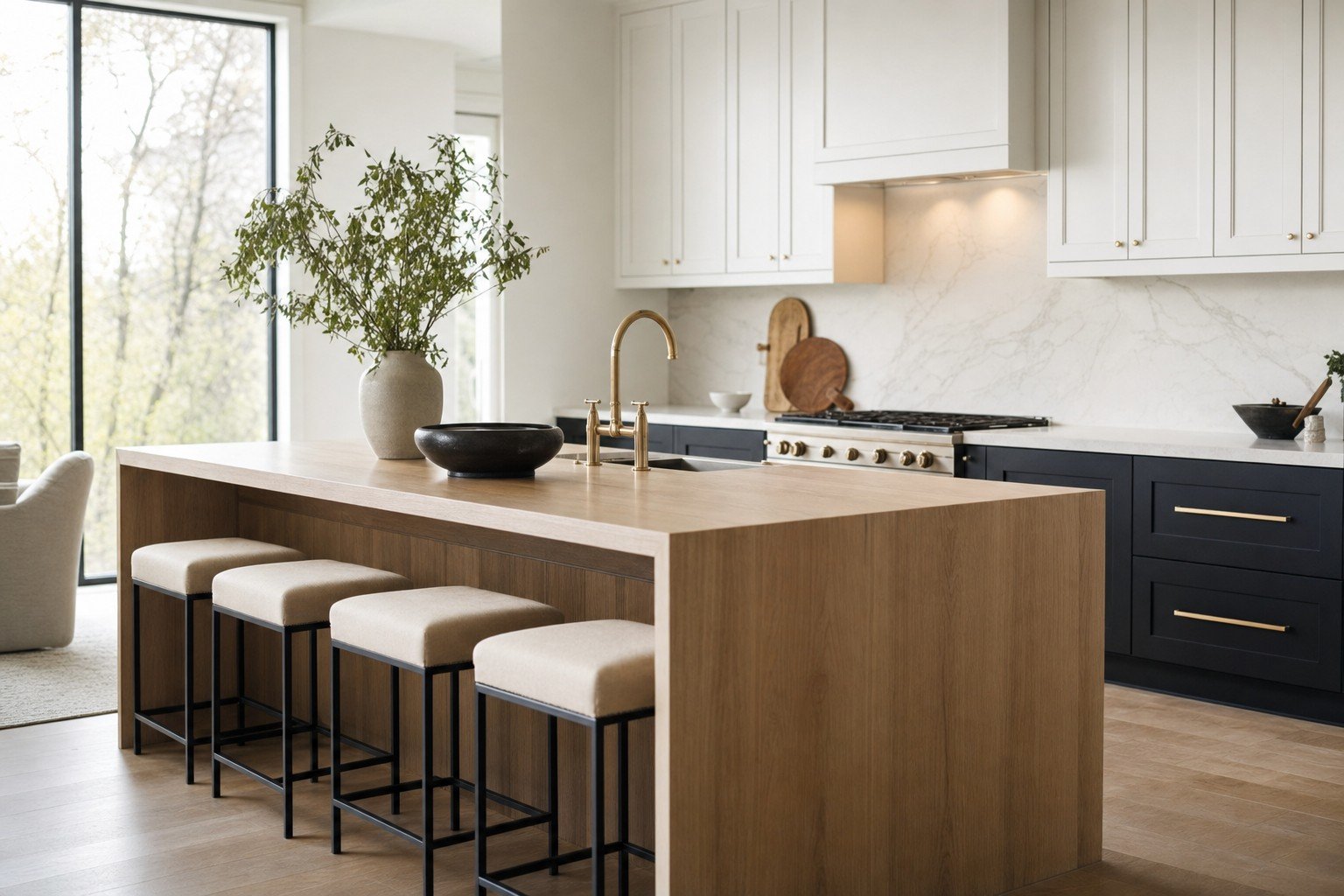 Illustrative custom kitchen renovation with warm walnut cabinetry and marble countertops