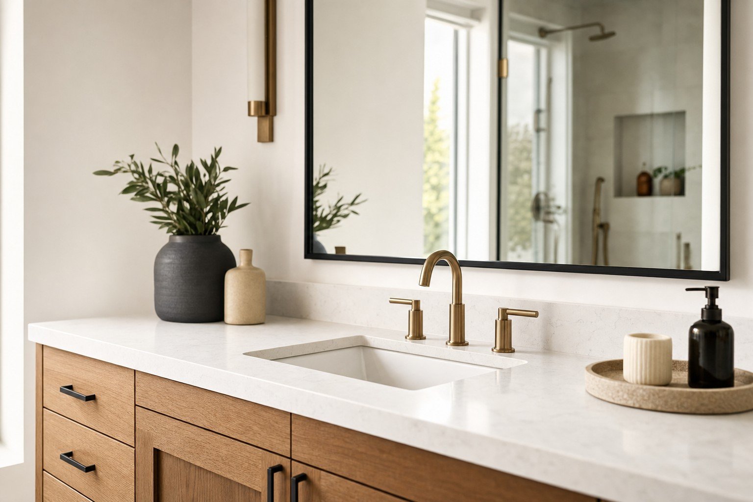 Bathroom remodel with a custom vanity and stone tile