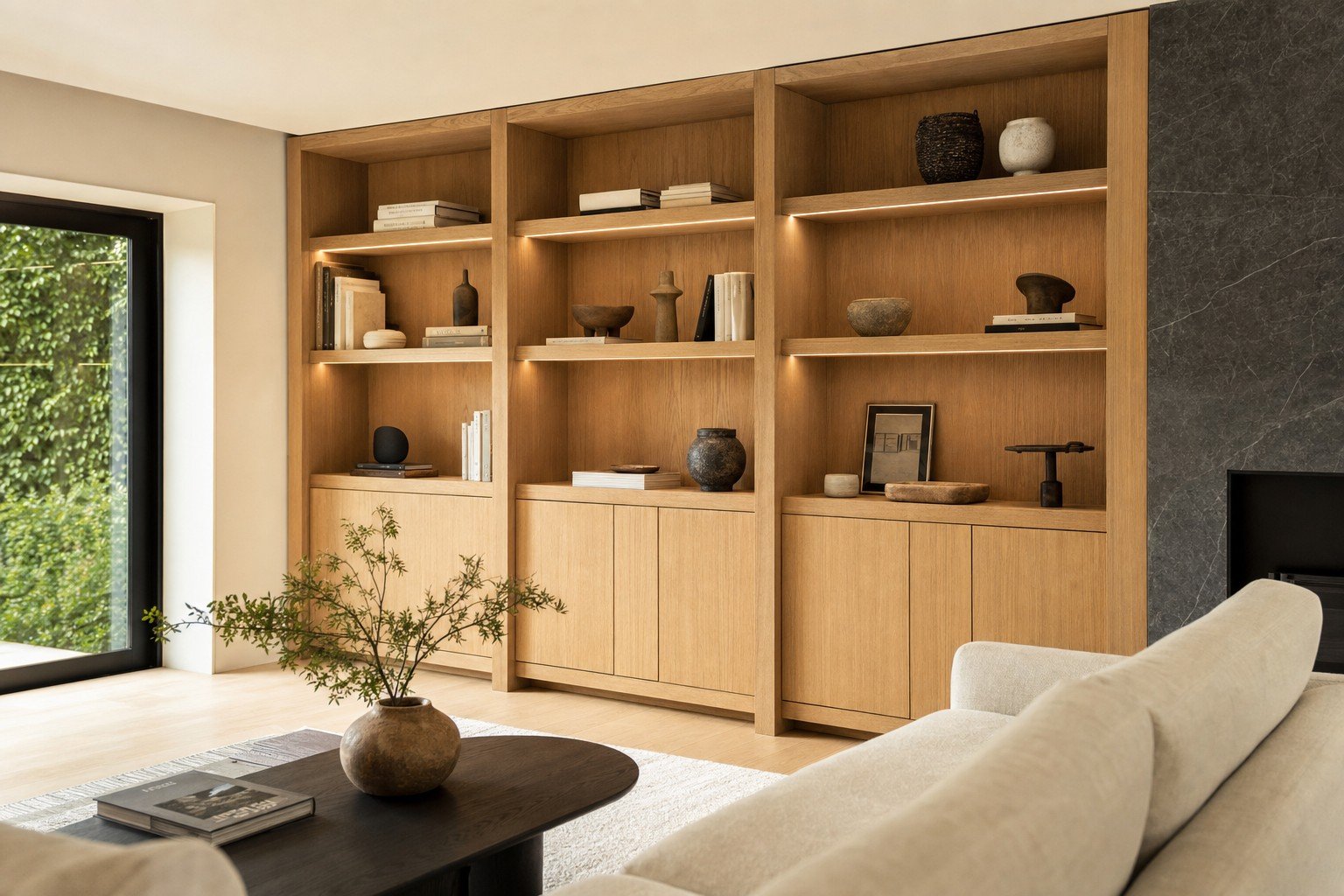 Custom-built cabinetry with integrated appliances
