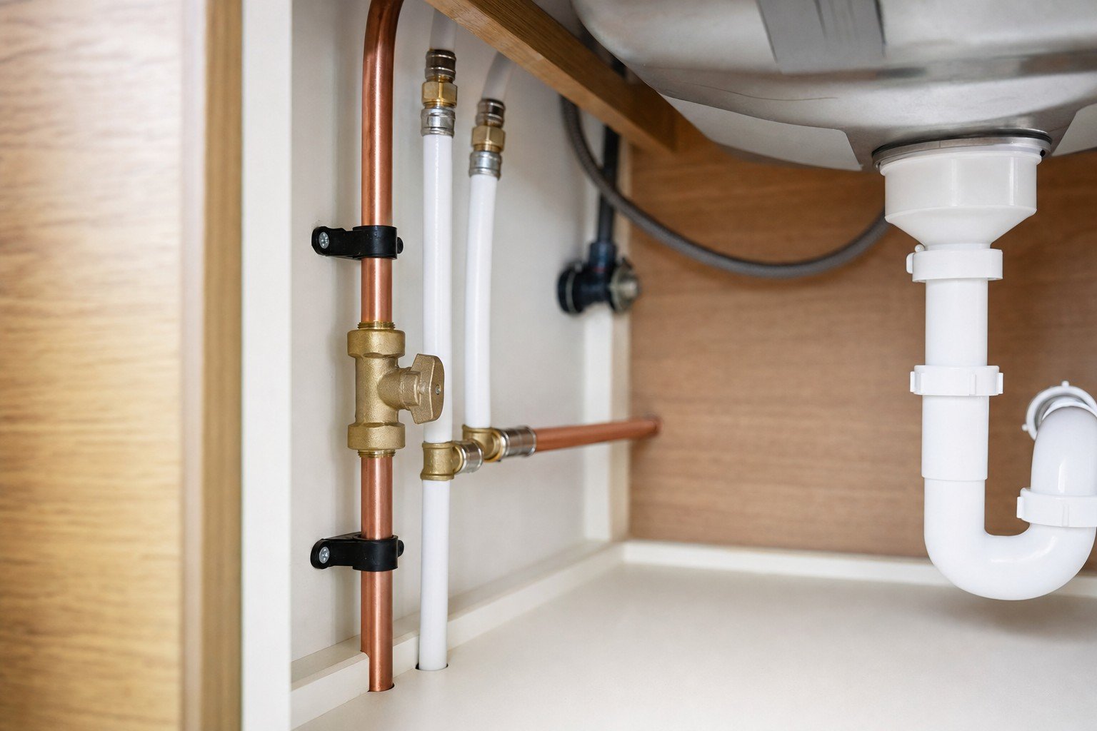 New PEX and copper plumbing under a sink with a shutoff valve