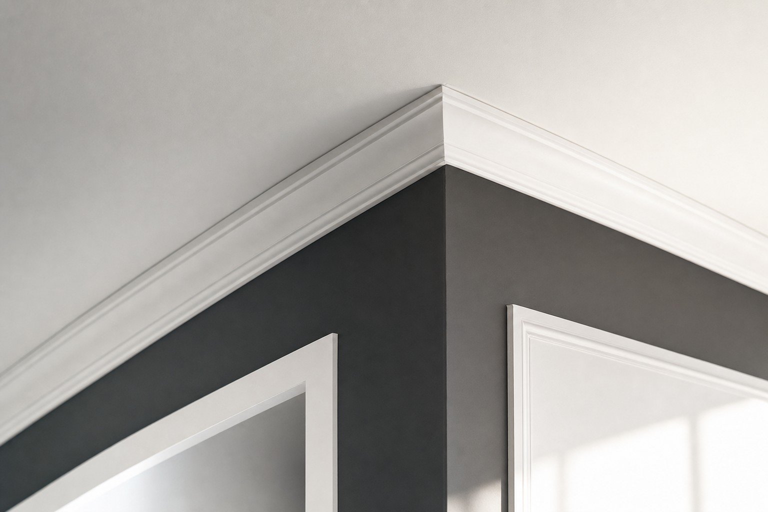 Crown molding and mitered trim at a wall corner