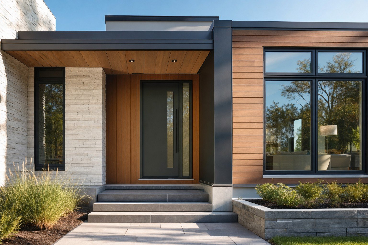 Installed exterior entry door and window with trim